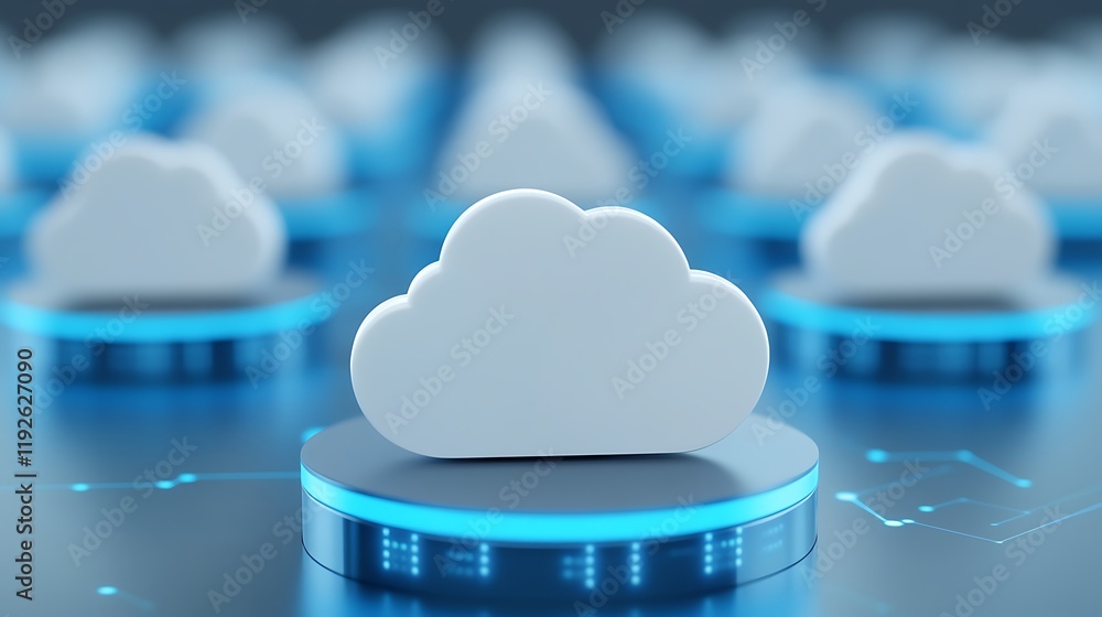 Poster abstract cloud computing illustration with multiple cloud symbols and glowing blue technology elemen