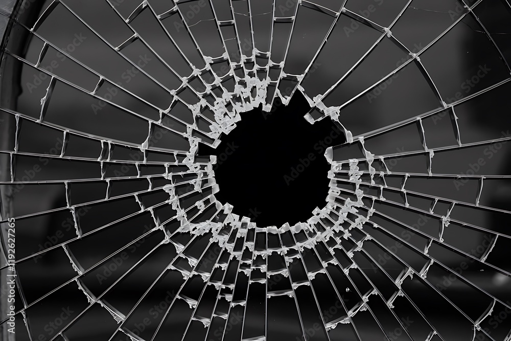 Poster black-and-white photograph of a shattered window, featuring a central void with spiderweb-like crack