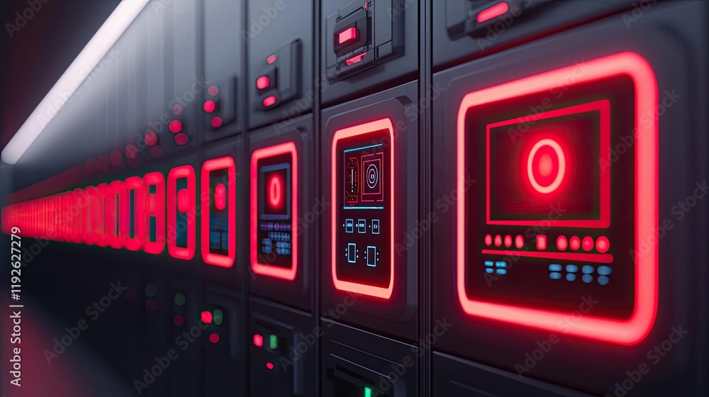 Poster fire alarm concept. futuristic control panel with illuminated buttons and screens in a modern enviro