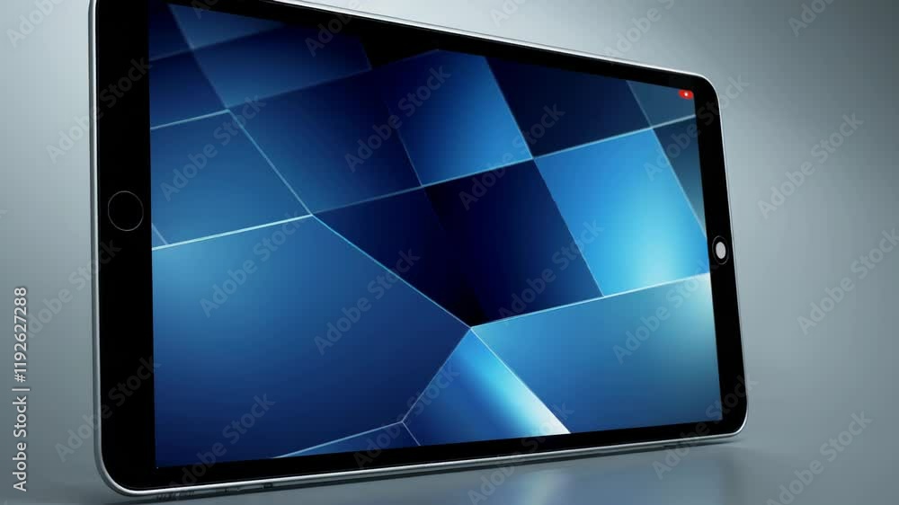 Poster tablet displaying a geometric abstract blue pattern on a sleek screen in a modern setting.