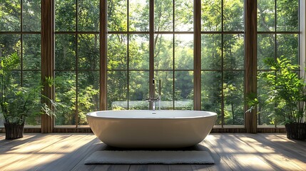 Fototapeta premium A restroom featuring an outside bathtub surrounded by windows