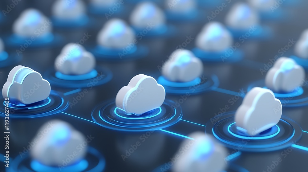 Poster abstract cloud computing network illustration with white clouds and blue circles on dark background