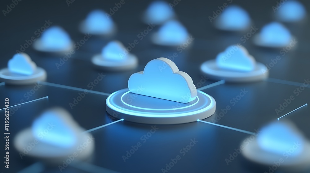 Poster abstract cloud computing network with stylized cloud symbols and connected data circuits in neon lig