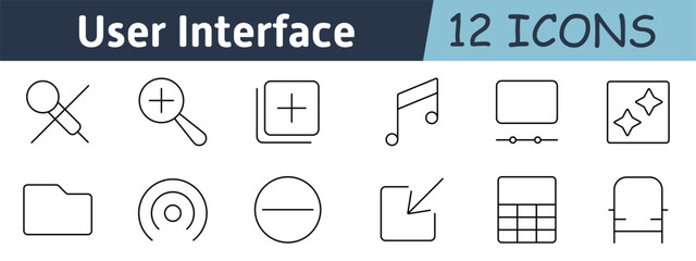 User interface set icon. Search, zoom in, add, music note, display settings, sparkle effect, folder, radar, minimize, expand, grid layout, seat layout for apps