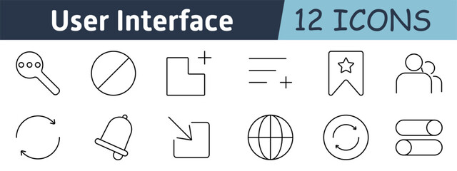 User interface set icon. Magnifier, restrict, add feature, alignments, bookmark, user group, loop, bell, expand, globe, cycle toggle, switch for interface controls