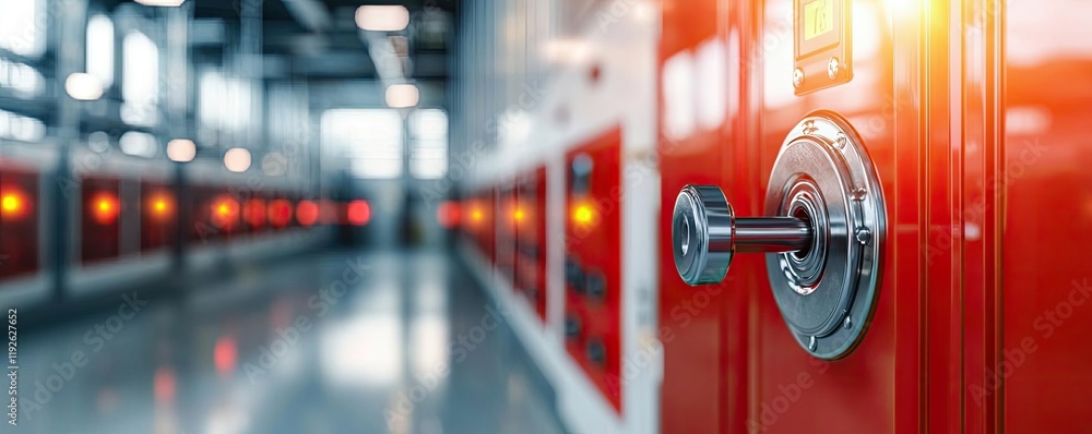 Poster fire alarm concept. close-up of a locker lock in a modern facility representing security and organiz