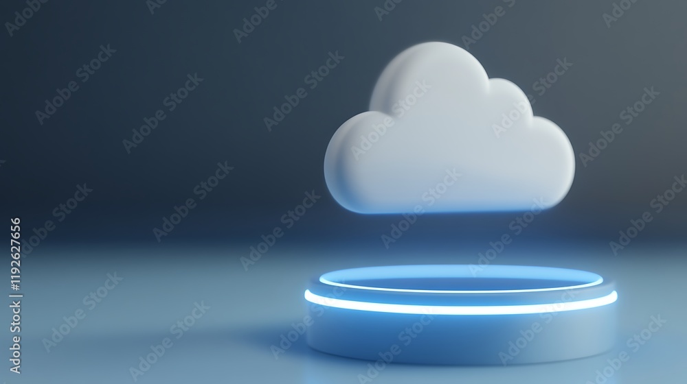 Poster abstract cloud icon with glowing blue base floating in modern digital environment for technology the