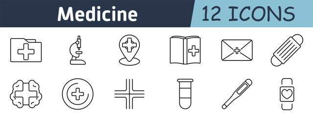 Medicine set icon. Medical folder, microscope, hospital location, medical book, health mail, bandage, brain health, first aid, cross, vial, thermometer, health tracker