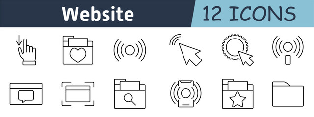 Website set icon. Click action, favorite folder, Wi-Fi signal, pointer, gear settings, search antenna, comment box, screen preview, folder search, smartphone notification, starred folder, open folder