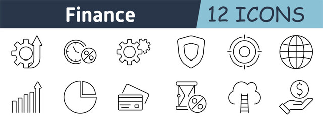 Finance set icon. Progress gear, interest percentage, settings, shield, target, globe, growth chart, pie chart, credit card, hourglass, loan percentage, cloud saving, money transfer
