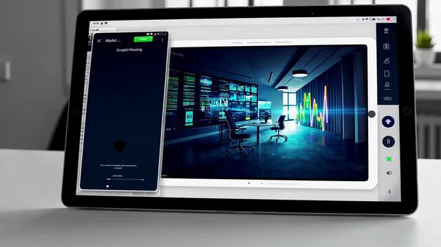 Tablet displaying a futuristic office design and a split-screen interface for multitasking in a sleek, modern setting