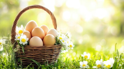 Fototapeta premium A vibrant display of freshly laid eggs in a decorative basket, symbolizing farm-to-table freshness.