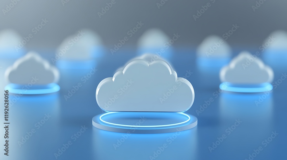 Poster abstract concept of cloud computing technology with blue lighting background and floating cloud icon