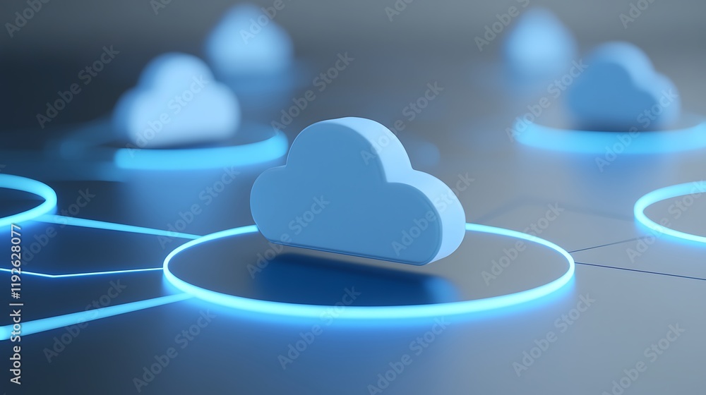 Poster abstract concept of cloud computing with 3d illustrations and glowing circles in modern digital envi