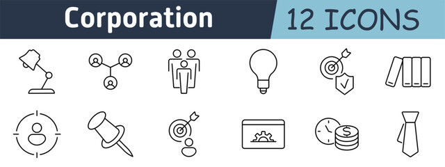 Corporation set icon. Desk lamp, network, team, idea, target, books, focus, pin, goal, settings card, time management, tie