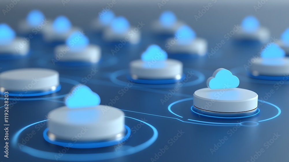 Poster abstract concept of cloud computing with floating cloud icons on digital network background