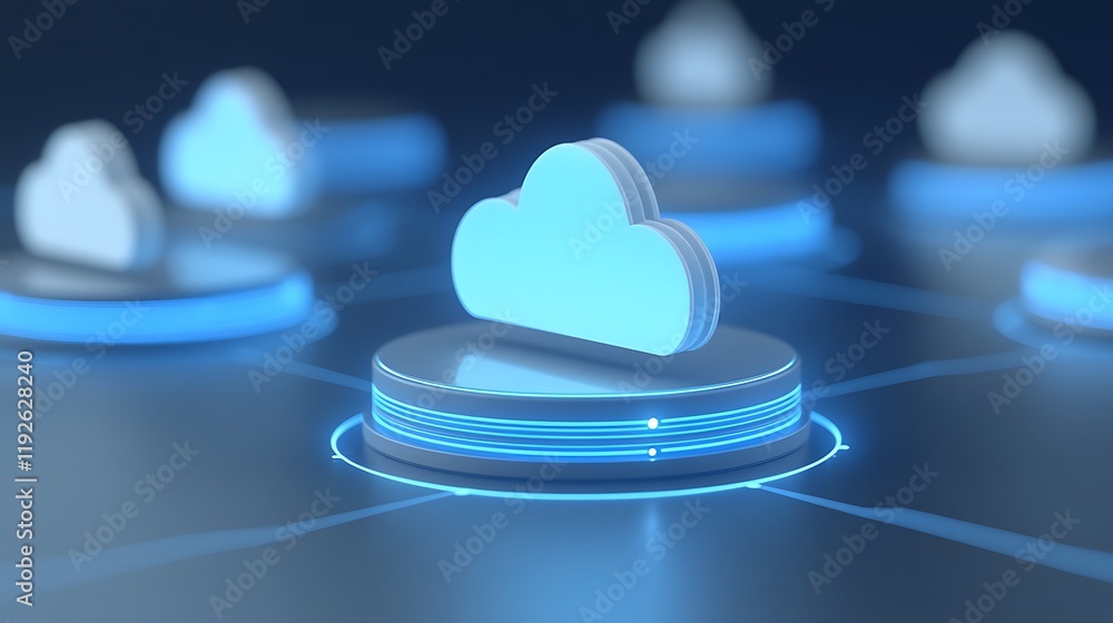 Poster abstract concept of cloud computing with glowing cloud icons on a dark blue background for technolog