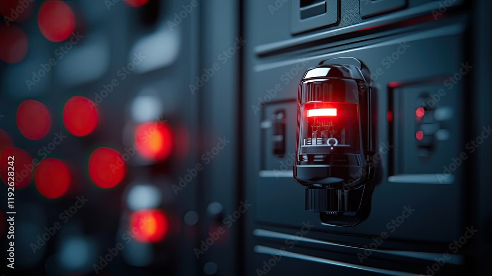 Poster fire alarm concept. close-up of a modern electronic device with a red indicator light.