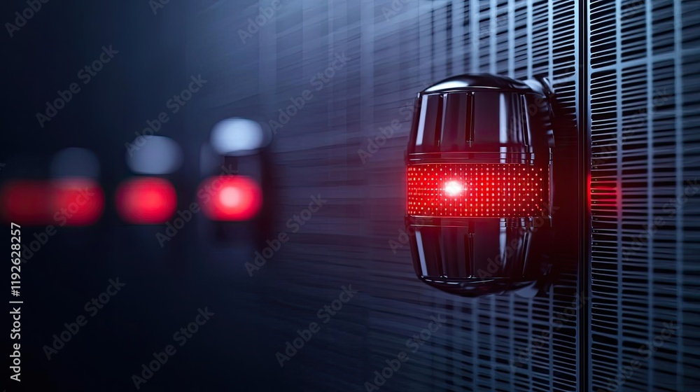 Poster fire alarm concept. close-up of a red alert light on a modern control panel in a futuristic setting.