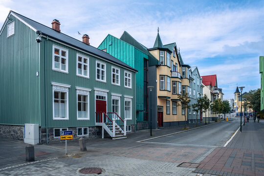 Traditional Icelandic houses set against a charming Reykjav&iacute;k cityscape during summer, showcasing the unique architectural heritage of Iceland