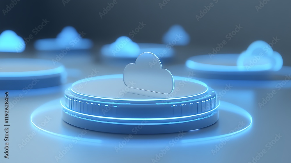 Poster abstract concept of cloud storage with illuminated circular platforms and floating cloud icons in bl