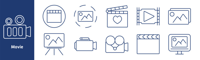 Movie set icon. Film camera, clapperboard, photo frame, play film, favorite movie, gallery, tripod screen, handheld camcorder, reel camera, photo monitor