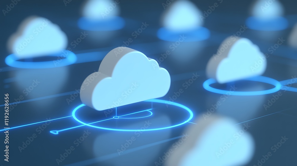 Poster abstract digital cloud computing concept with blue circuits and floating cloud icons in background