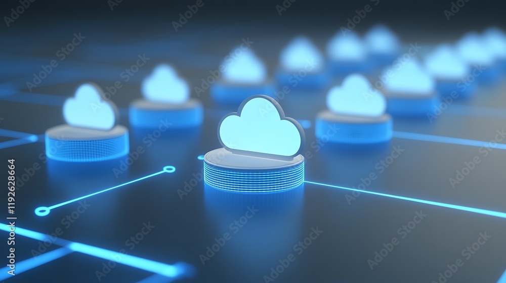 Poster abstract digital cloud computing concept with cloud icons on a futuristic grid background