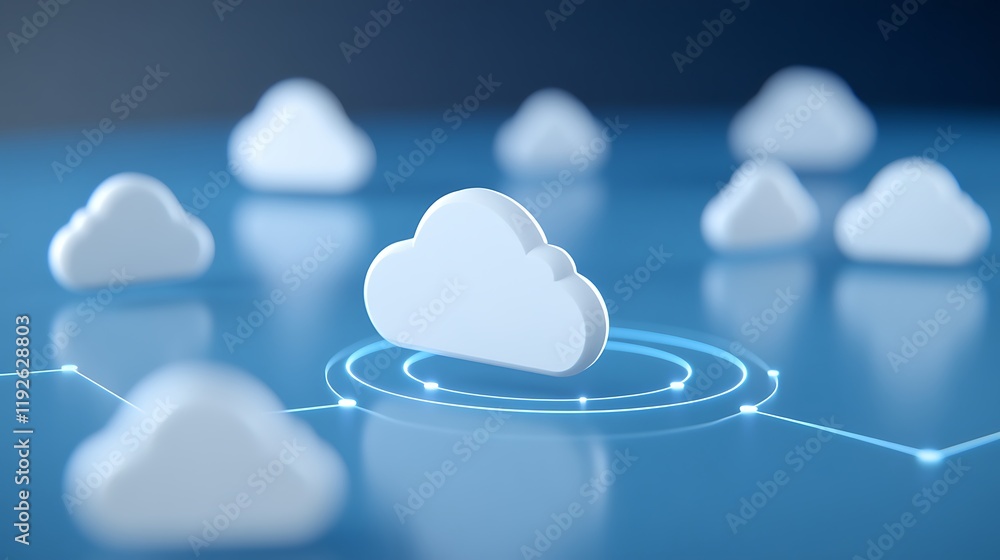 Poster abstract digital cloud computing concept with white clouds on blue background and connection lines