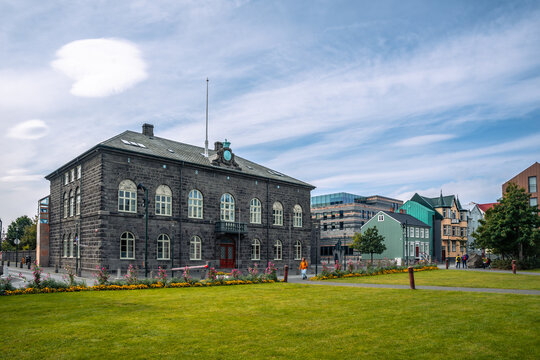 The Althingi parliament building, a classic structure from the 1800s, situated beside Austurv&ouml;llur square in central Reykjav&iacute;k, Iceland