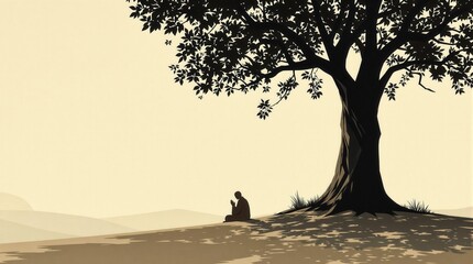 Serene silhouette of a person meditating under a large tree, peaceful nature scene, spiritual practice, mindfulness, tranquility, yoga, zen