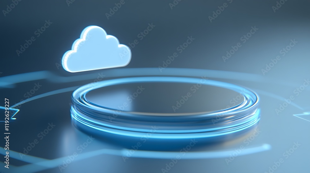 Poster abstract digital cloud technology concept with circular platform and glowing elements in blue tones