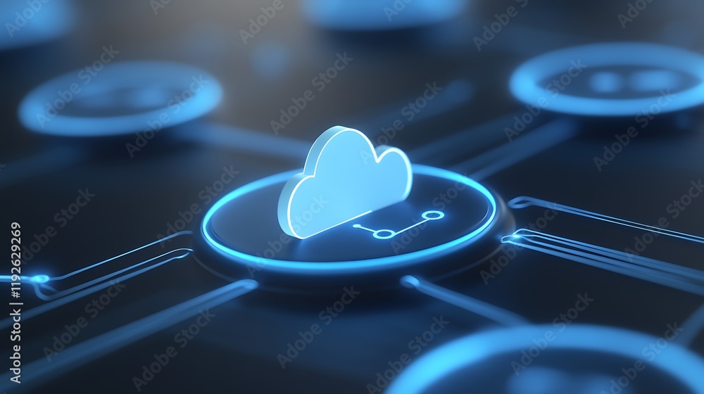 Poster abstract digital cloud technology with connecting lines and icons representing data exchange and sto