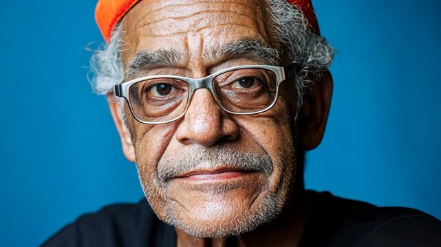 Man with glasses and a red hat is smiling. He is wearing a black shirt and a blue background