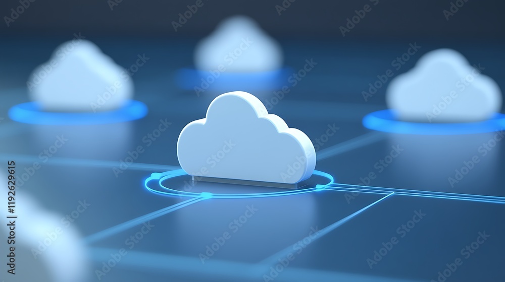 Poster abstract illustration of cloud computing technology concept with stylized cloud icons and connection
