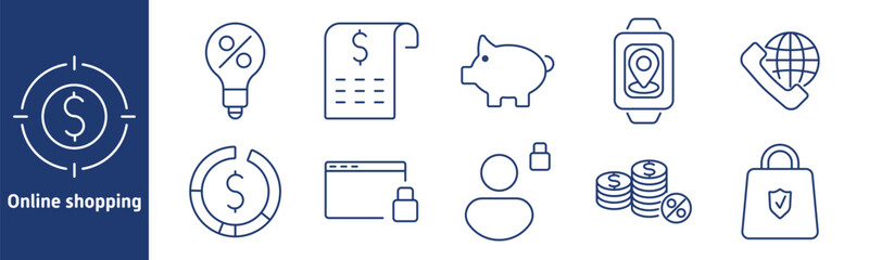 Online shopping set icon. Target, percentage, bill, piggy bank, smartwatch, call, money coins, user, cart, security, savings, price, finance, banking, investment