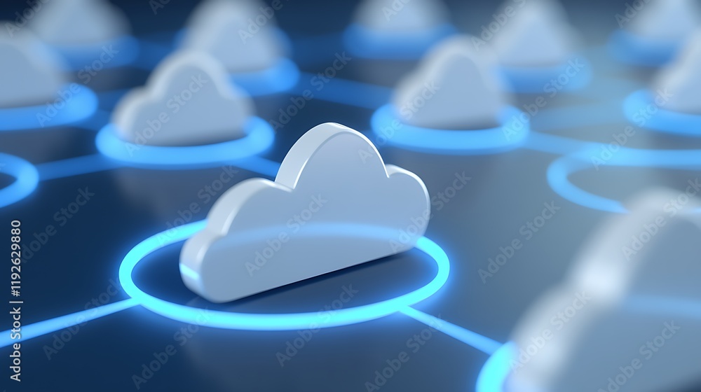 Aufkleber abstract representation of cloud computing technology with 3d clouds and digital connections in blue