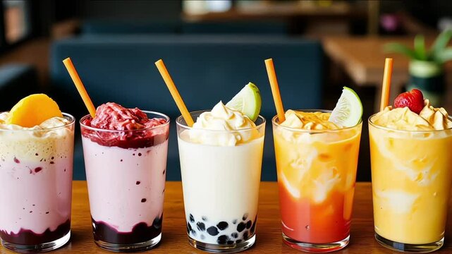 Row of colorful bubble tea drinks with tapioca pearls and toppings