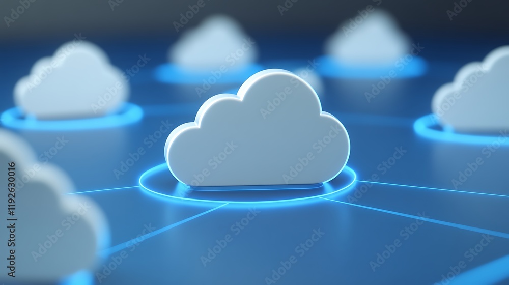 Poster abstract representation of cloud computing technology with glowing connections in a digital network 
