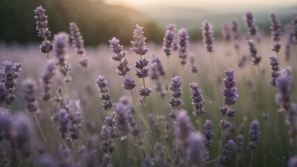 Obraz premium Blooming Purple Lavender Background: A field of vibrant purple background flowers background with a soft, natural texture and a serene atmosphere