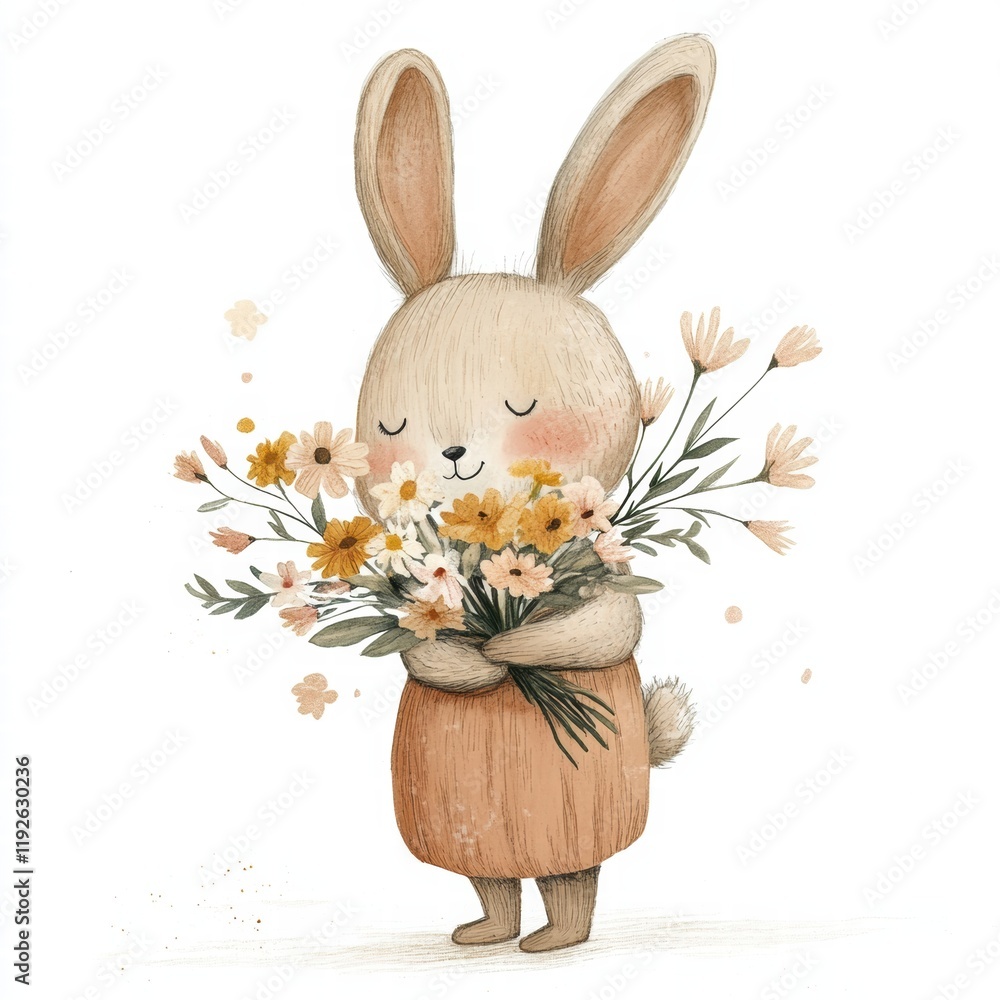 Aufkleber cute rabbit character happily holding a colorful bouquet of flowers in a whimsical and cheerful styl