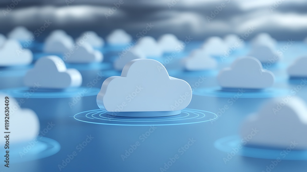 Poster abstract representation of cloud computing with simple white clouds against a blue digital backgroun