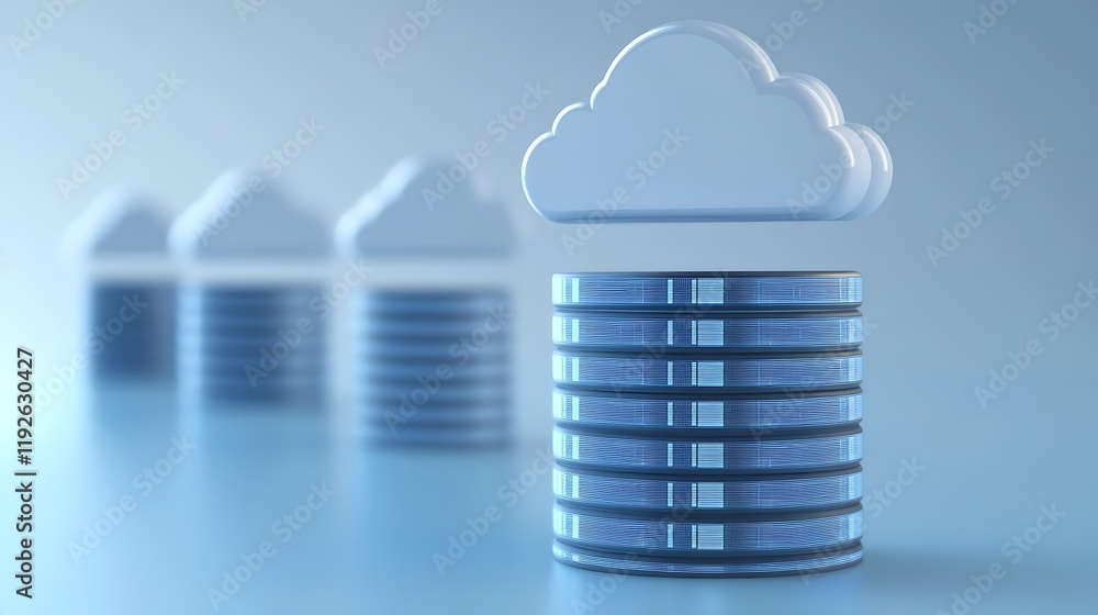 Poster abstract representation of cloud computing with stacked data storage and cloud icon on a blue backgr