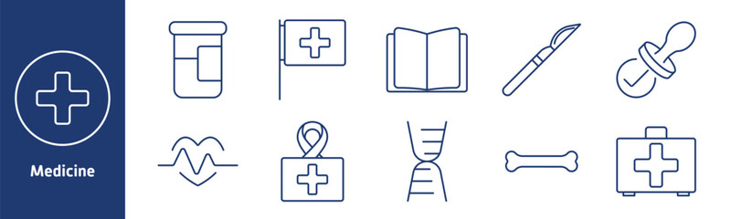 Medicine set icon. Medicine bottle, flag with cross, heartbeat, surgical scalpel, baby pacifier, DNA strand, medical ribbon, bone health, first aid, wellness tools