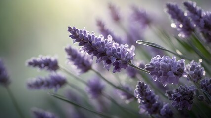 Obraz premium Dewy Purple Lavender Background: Sparkling dewdrops adorn delicate purple background lavender flowers, creating a fresh and serene scene