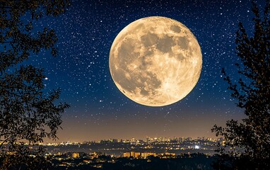 Huge full moon over city skyline at night.