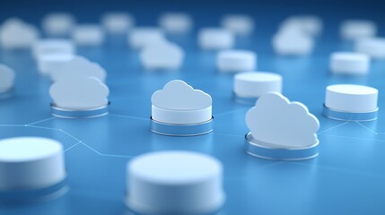 Abstract Representation of Cloud Computing with White Cloud Symbols on Blue Digital Background