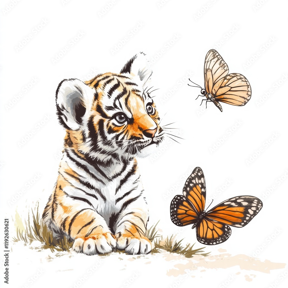 Poster tiger cub observes vibrant butterflies in a serene natural setting during early daylight hours. gene