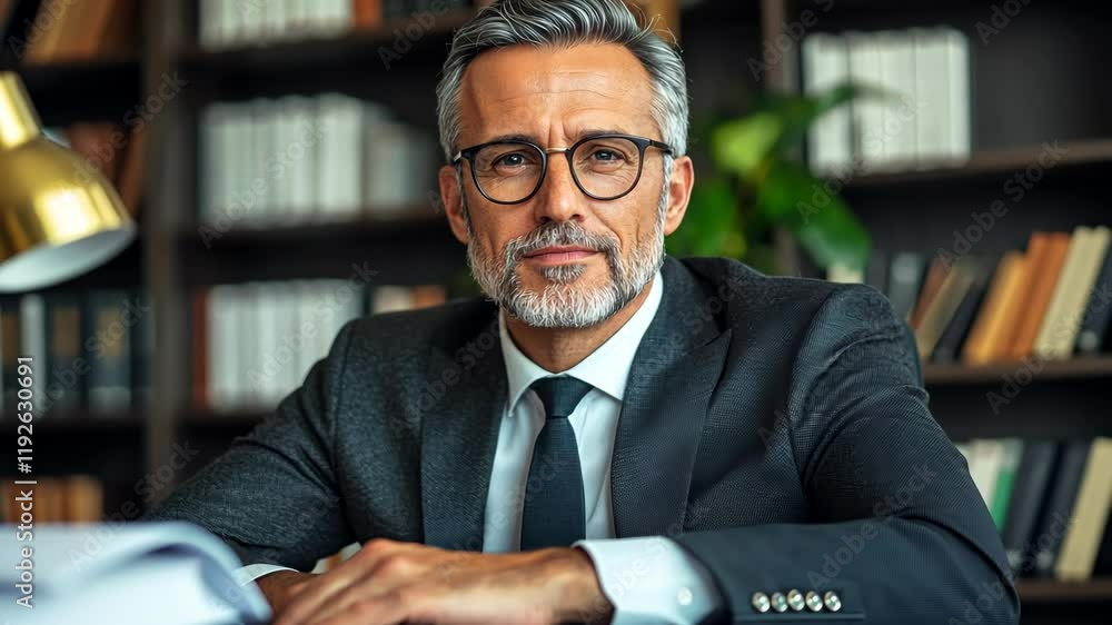 Aufkleber man in a suit and glasses sits at a desk with a stack of papers in front of him