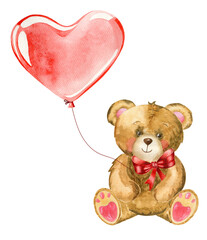 Watecolor hand drawn illustration plush teddy bear with red balloon heart. Stuffed animals watecolor. Childish teddy bear isolated on white background. Happy birthday. Valentines Day